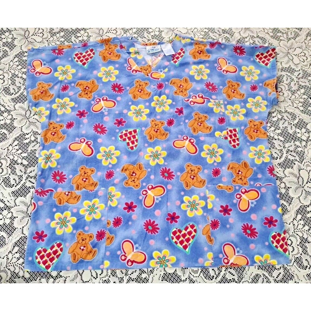 Scrub Top Womens Size 2X Blue Teddy Bear Pattern Short Sleeve J.I.T SCRUBS